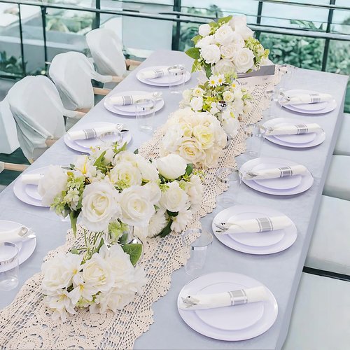 KIRE 350 PCS Plastic Dinnerware Set for 50 Guests, Silver Plastic Plates Include 50 Dinner, 50 Dessert Plates, 50 Pre Rolled Napkins with Silverware, 50 Cups for Wedding, Party, Banqet, Christmas