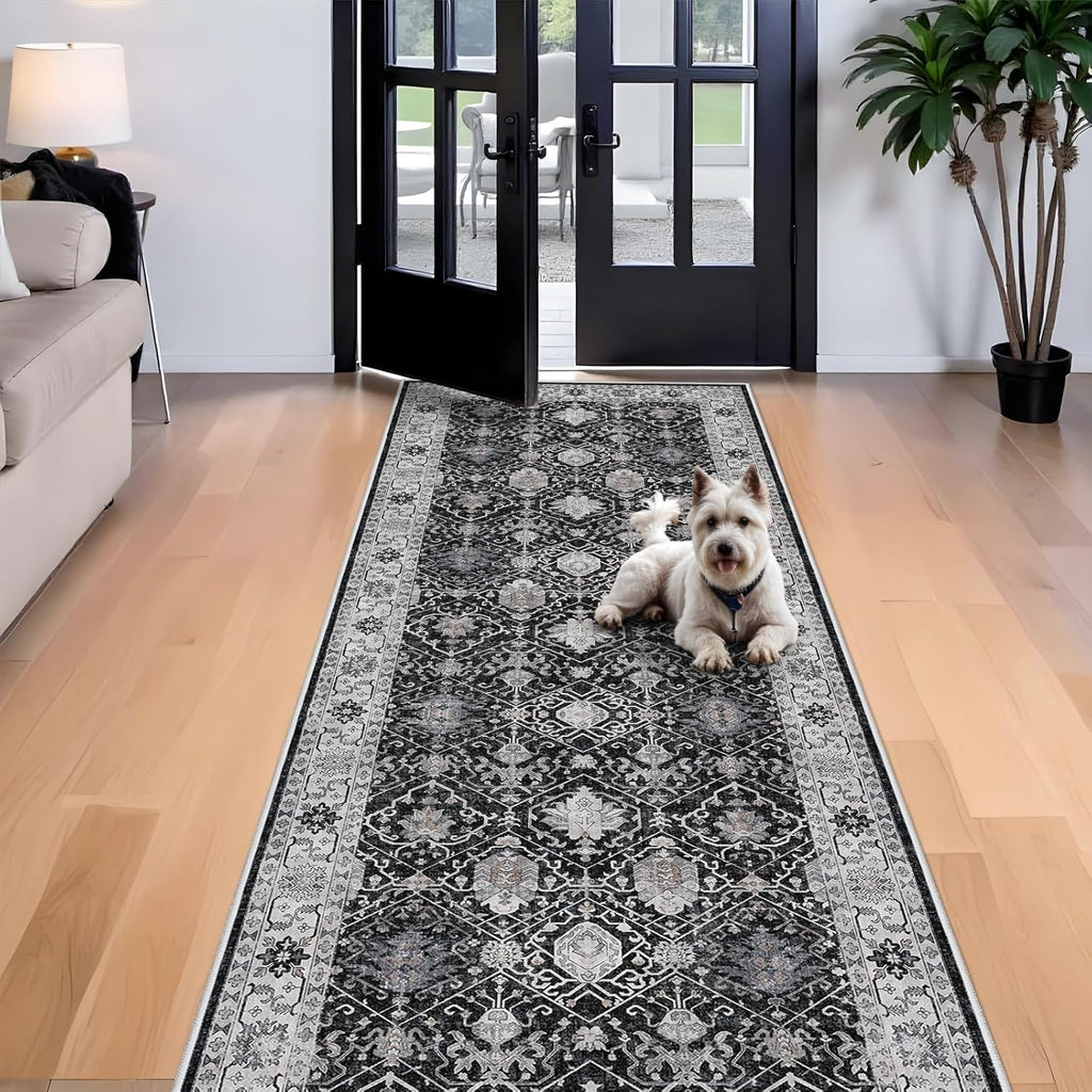Regine Switzerland 4x10 Washable Hallway Runner Rug - Ultra Soft, Stain Resistant, Non-Slip | Black