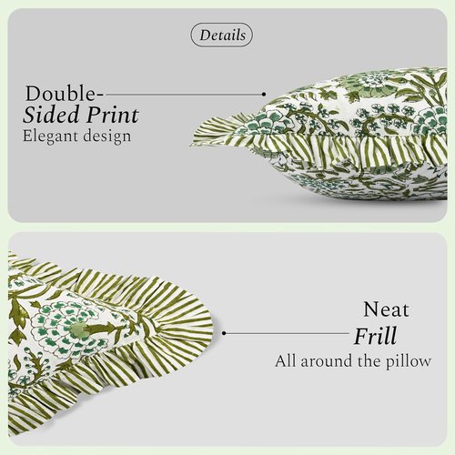 CPC Block Print Ruffle Throw Pillow Covers - Agate Green 16"x16" | 100% Cotton Boho Decorative Cases for Living Room & Bedroom