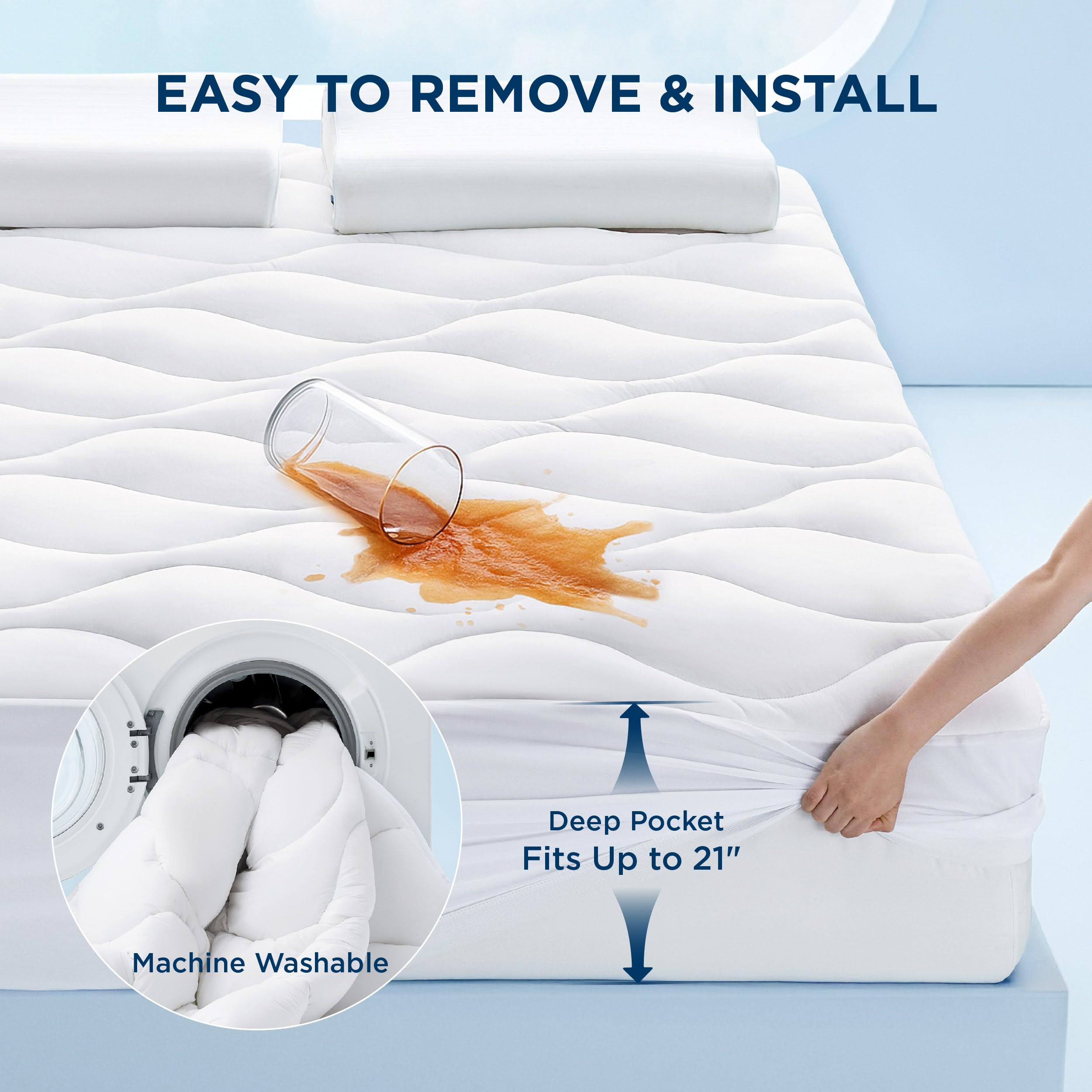 Bedsure Waterproof Mattress Protector Queen - Noiseless Soft Fluffy Queen Size Mattress Pad, Washable Quilted Cooling Topper with 8-21 Inches Deep Pocket, Breathable Bed Cover, White