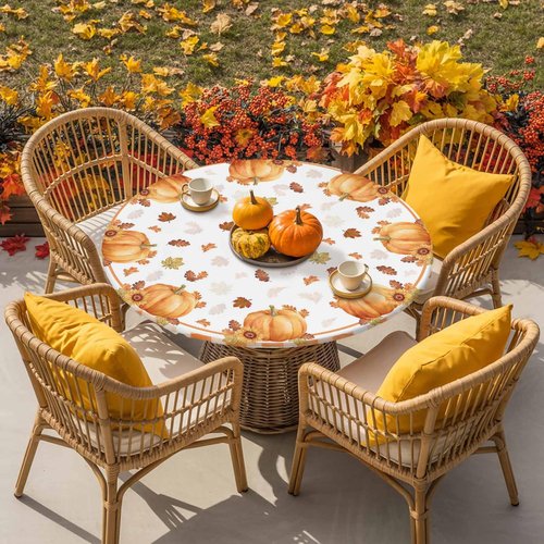 Fall Thanksgiving Pumpkin Kitchen Cover, Orange Buffalo Plaid Fitted Tablecloth for Round Tables, Waterproof with Elastic Edge, Autumn Maple Leaves White Circle Table Covers 36-44in