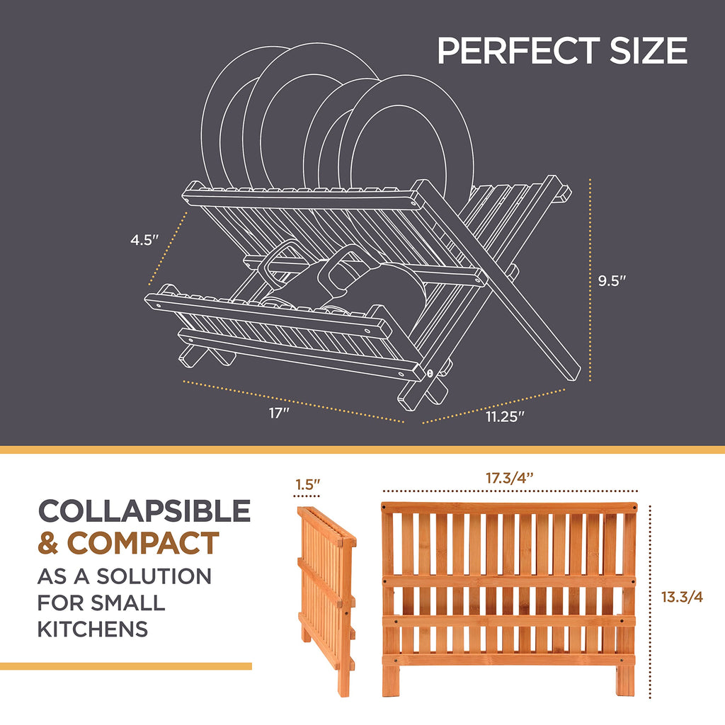 Dish Drying Rack - Collapsible Bamboo 2 Tier Foldable Wooden Dish Drainer for Countertop, Plates Cups Bowls Utensils, Eco Friendly Folding Bamboo Dish Rack for Kitchen Home Apartment RV - by Bambusi