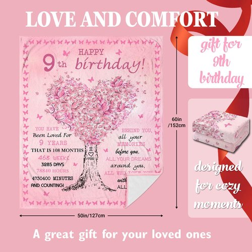 Gevuto 9 Year Old Girl Gifts Ideas, Birthday Gifts for 9 Year Old Girls Throw Blankets 50"X60", 9th Bday Decorations for Girl