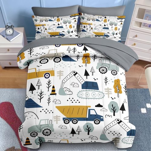 Nesker 5 Pcs Comforter Set Twin Size, Cute Cars Truck Tractor Bedding for Kids Teen, Cargo Crane Bulldozer Excavator Bed Sheet with Pillowcase & Sham
