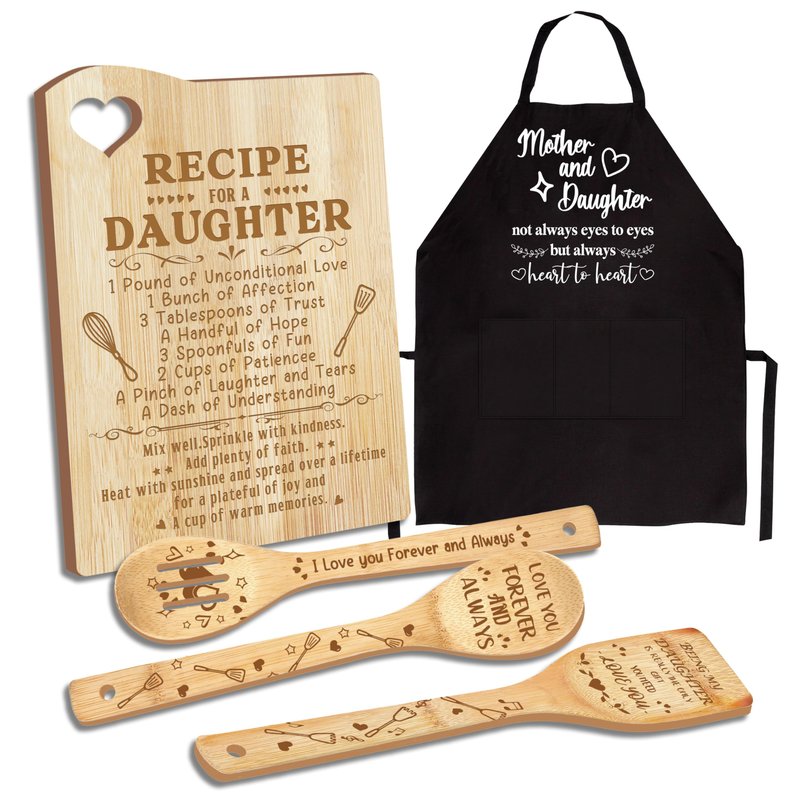 Daughter Gifts, Daughter Kitchen Gifts from Mom, Valentines Day Gift Wooden Cutting Board with Cooking Utensils Set with Apron, Great Daughter Mother's Day Gift