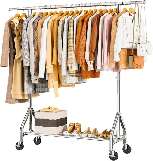 HYSEYY Heavy Duty Clothes Rack - 450 LBS Capacity Metal Garment Rack with Wheels & Shelves | Portable Silver Wardrobe