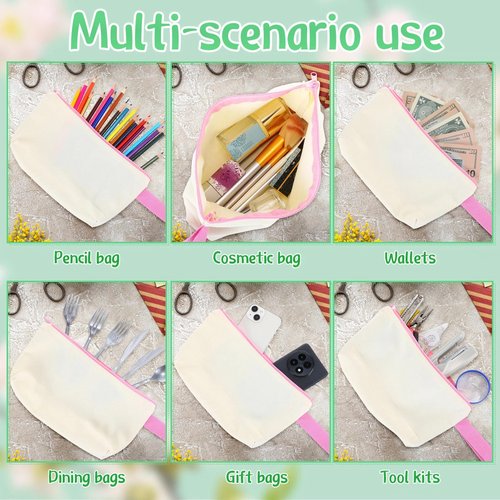 Sanwuta 24 Pcs Canvas Tote Bags Bulk 18.5" Cotton Cosmetic Bags with Zipper Reusable Shopping Tote with Handles(Pink and Beige)