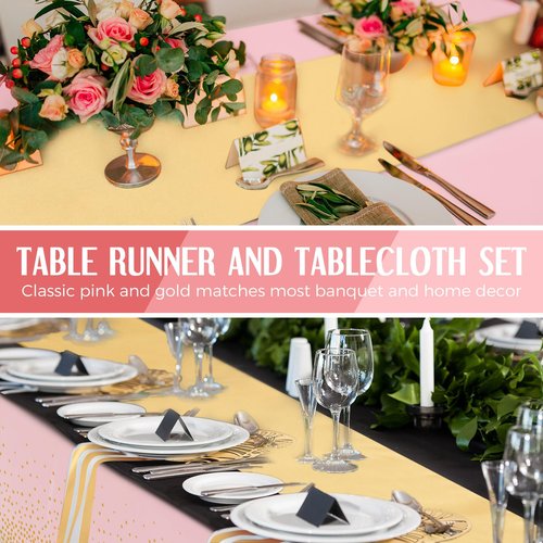 Breling 8 Pack Pink and Gold Disposable Plastic Tablecloths and Satin Table Runner Set, 54 x 108 Inch Tablecloth, 12 x 108 Inch Table Runners for Wedding Graduation Birthday Baby Shower