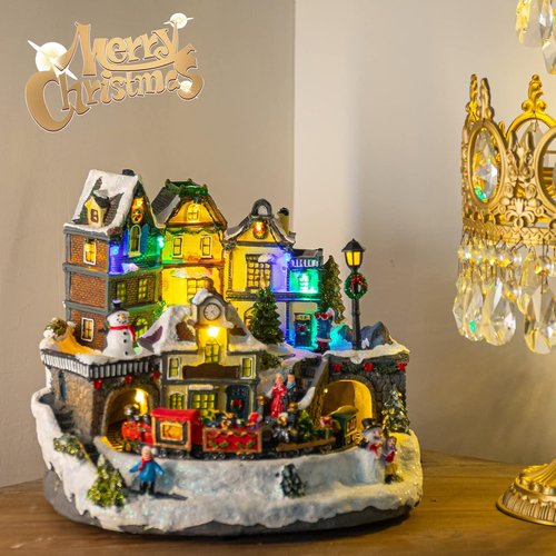 Christmas Village Houses - 10.6" Polyresin Decor with Moving Train, LED Lights & 8 Songs