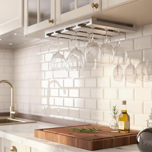 Rustic State Eze 4 Sectional Under Cabinet Mount Wood Stemware Rack Hanging Shelf Glassware Holder Bar Organizer with up to 12 Wine Glass Storage 10 Inch Deep White