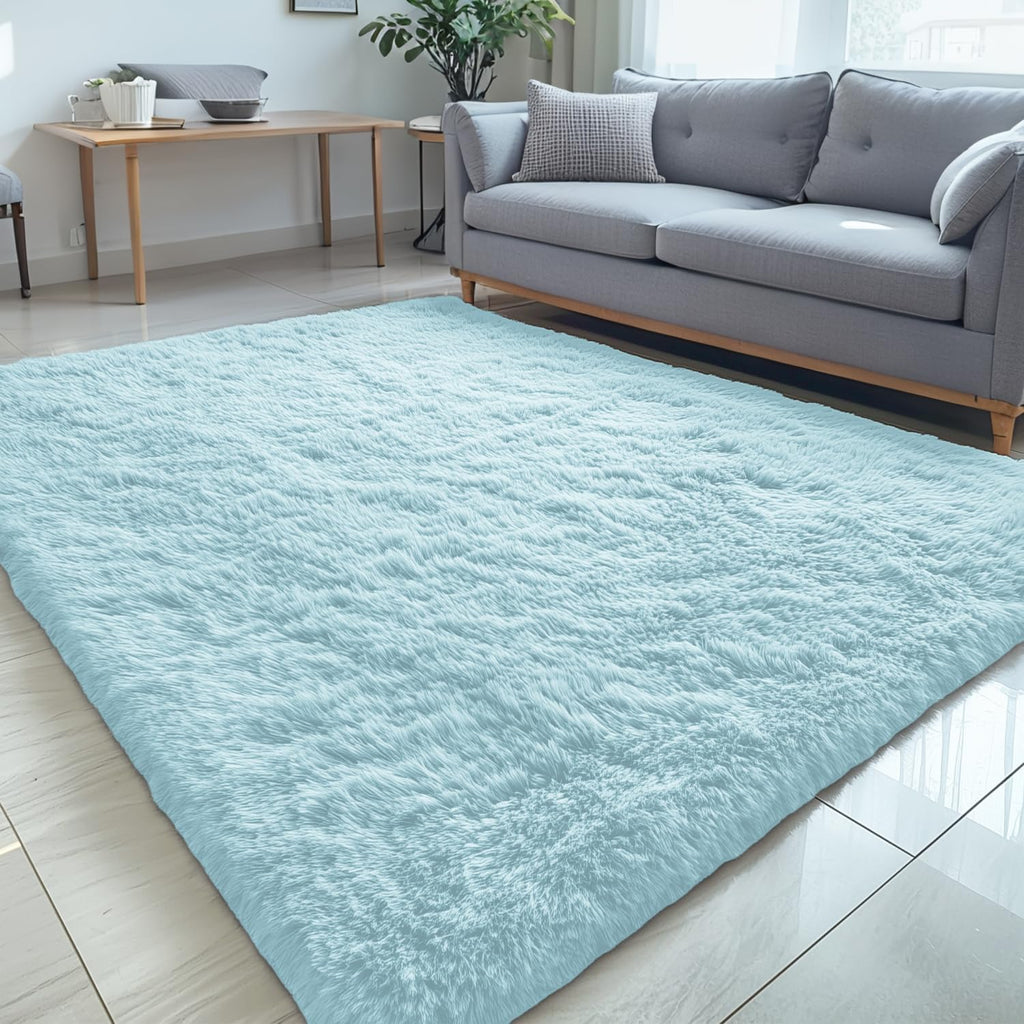 OLANLY Large Area Rug - Soft Fluffy Shaggy Carpet for Living Room & Bedroom | 5x8 Light Blue
