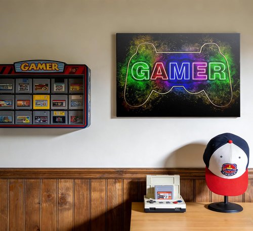 Cool Gaming Canvas Wall Art - Colorful Neon Gamepad Poster for Teen Boys' Room | 12 x 16 Inch