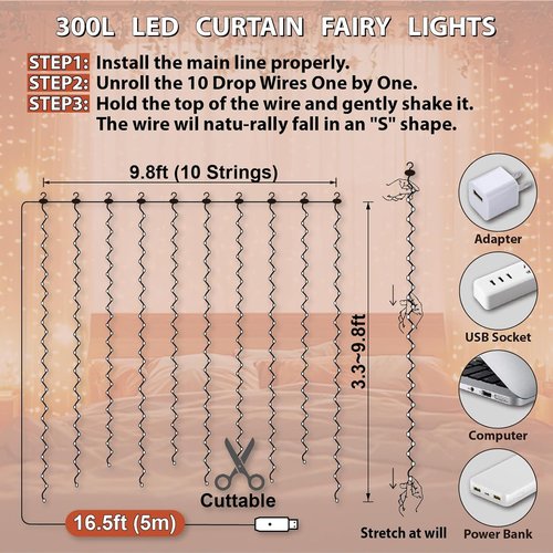 HXWEIYE 300LED Fairy Curtain Lights - 9.8x9.8Ft USB Plug-In with Remote | 8 Modes for Indoor Decor, Orange