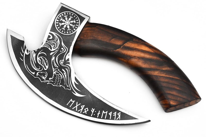 Handmade 11” Pizza Cutter, 10” Cutting Blade with Carbon Steel, Leather Sheath, Skull Design, Viking Style Pizza Cutter Design. Multi-Purpose Cutter… (Dark Wood Handle)