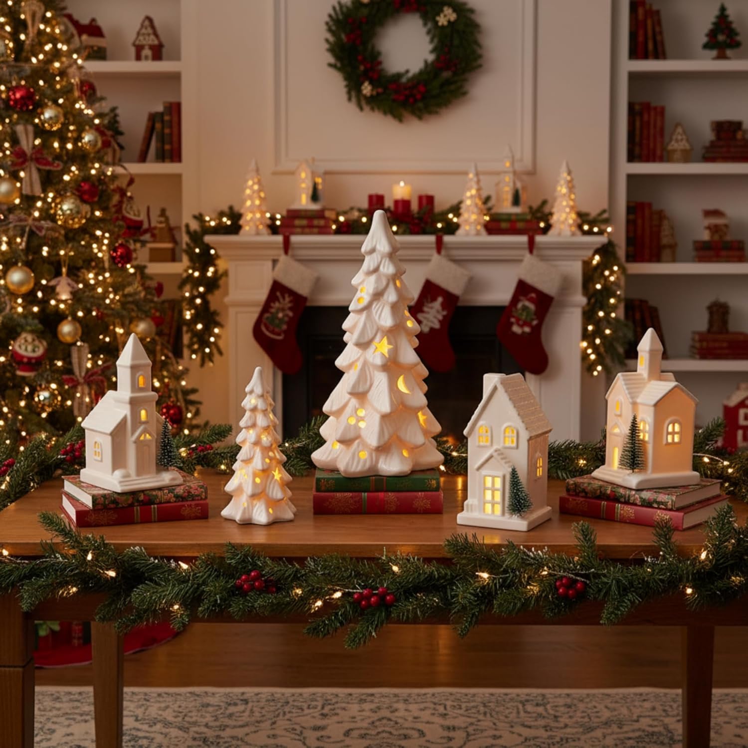 Nuogo Light Up Ceramic Christmas Trees Set - 6 Pcs White LED Trees & Glitter Snow Village Houses for Holiday Decor