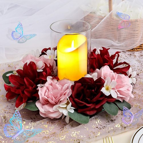 Artificial Flower Candle Rings - 6-Inch Rose Floral Wreaths with Butterflies for Wedding Centerpieces | Burgundy & Pink (Set of 2)