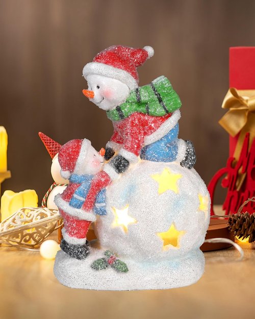 iStatue Snowman & Child Christmas Ornament - LED Light Resin Figurine | Unique Holiday Home Decor