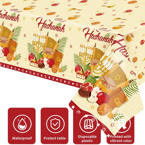 Ertyjikg 3 Pcs Rosh Hashanah Tablecloth Party Decorations Plastic Shana Tova Tablecover Backdrop Background Banner for Jewish New Year Party Decoration Supplies 51x87Inch