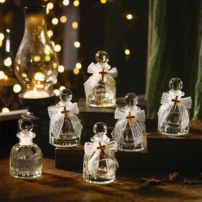 Newtay Holy Water Bottles Catholic Bulk Glass Baptism Favors for Guests Christian Water Container with Cross Organza Bags Bow for Holy Communion Gifts Church Wedding Baptism(White,48 Set)