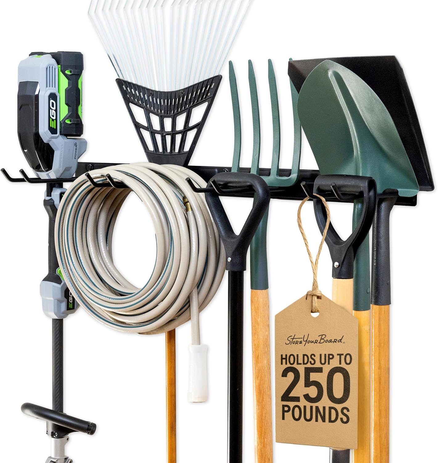 StoreYourBoard 36" Garage Tool Organizer Wall Mount - Heavy Duty Garden Tool Storage Rack with 4 Hooks for Rakes & Shovels