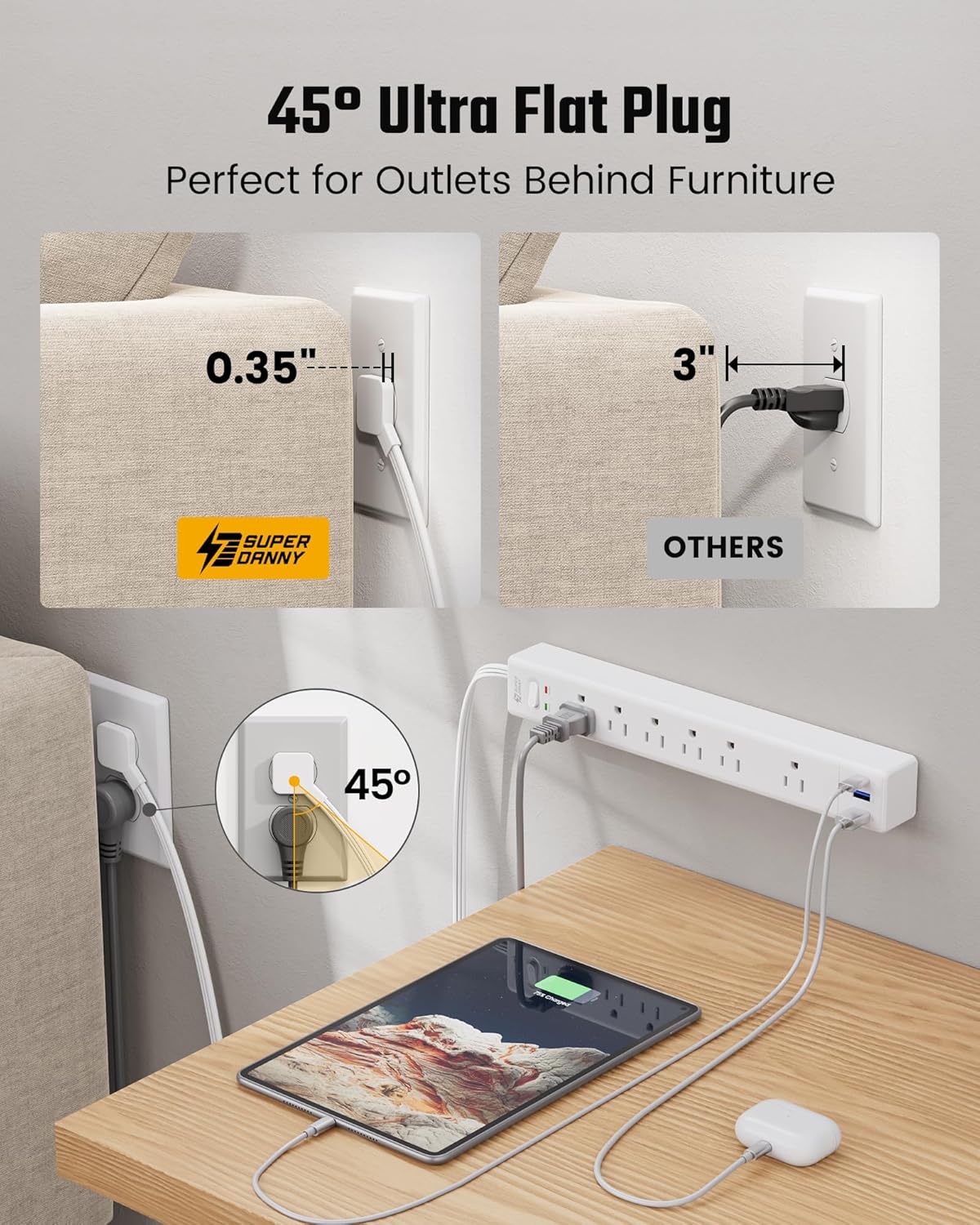 SUPERDANNY 10Ft Extension Cord - Flat Plug Surge Protector with 6 Outlets & 3 USB Ports | Ideal for Home Office & Dorm Room Essentials