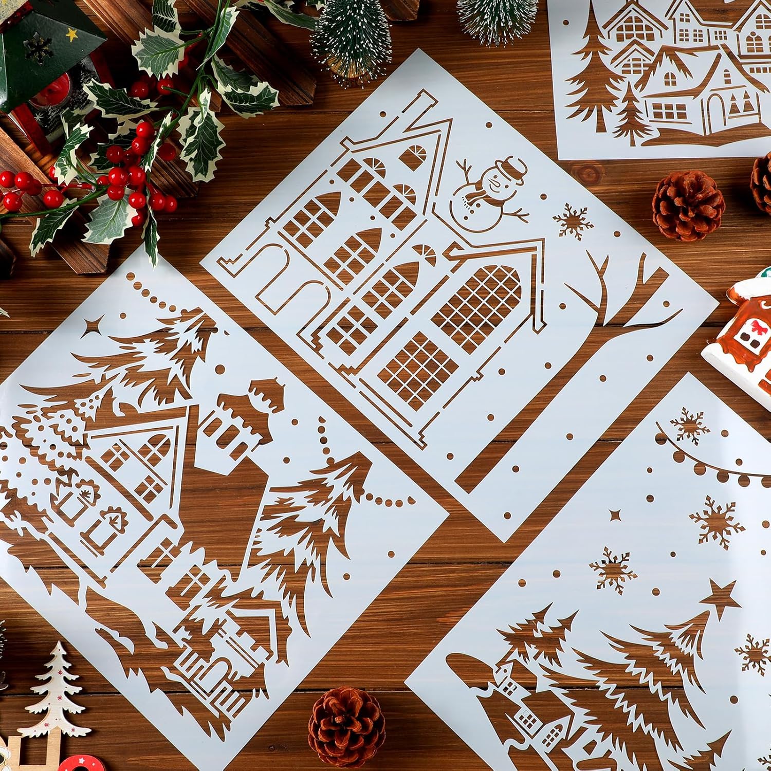 Skiennix 12 Pcs Christmas Stencils - Large 13.78 x 11 Inch Reusable Holiday Templates for DIY Glass Decor