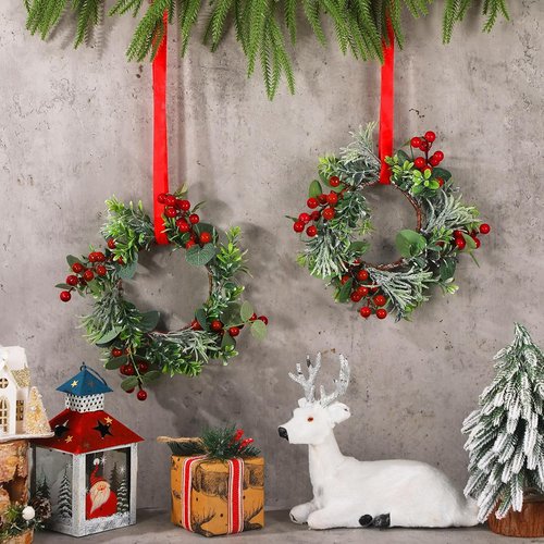 Daifunli Mini Wreaths - 8 Inch Christmas Candle Rings with Red Berries & Eucalyptus | Perfect for Home Decor
