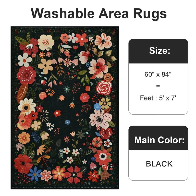 Vasofe 5x7 Rug for Bedroom,Washable Rugs for Living Room, Dining Room, Indoor Floor Mat, Floral Printed Mats for Nrusery, Farmhouse, Laundry Room,Non Slip Low Pile Soft Modern Carpet, Black