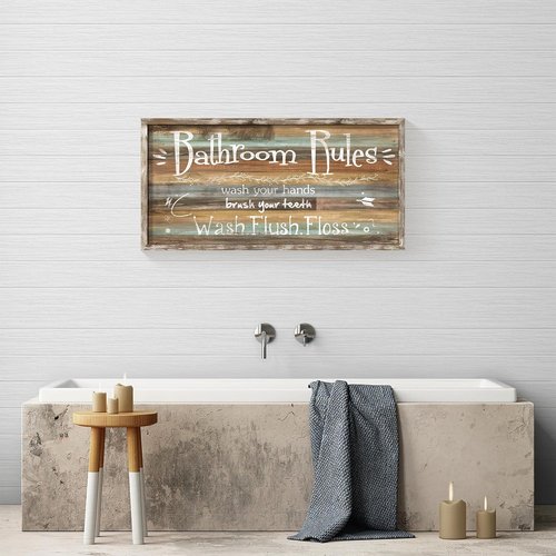 Framed Bathroom Wall Art - Rustic Bath Rules Sign | Funny Toilet Saying Decor for Home