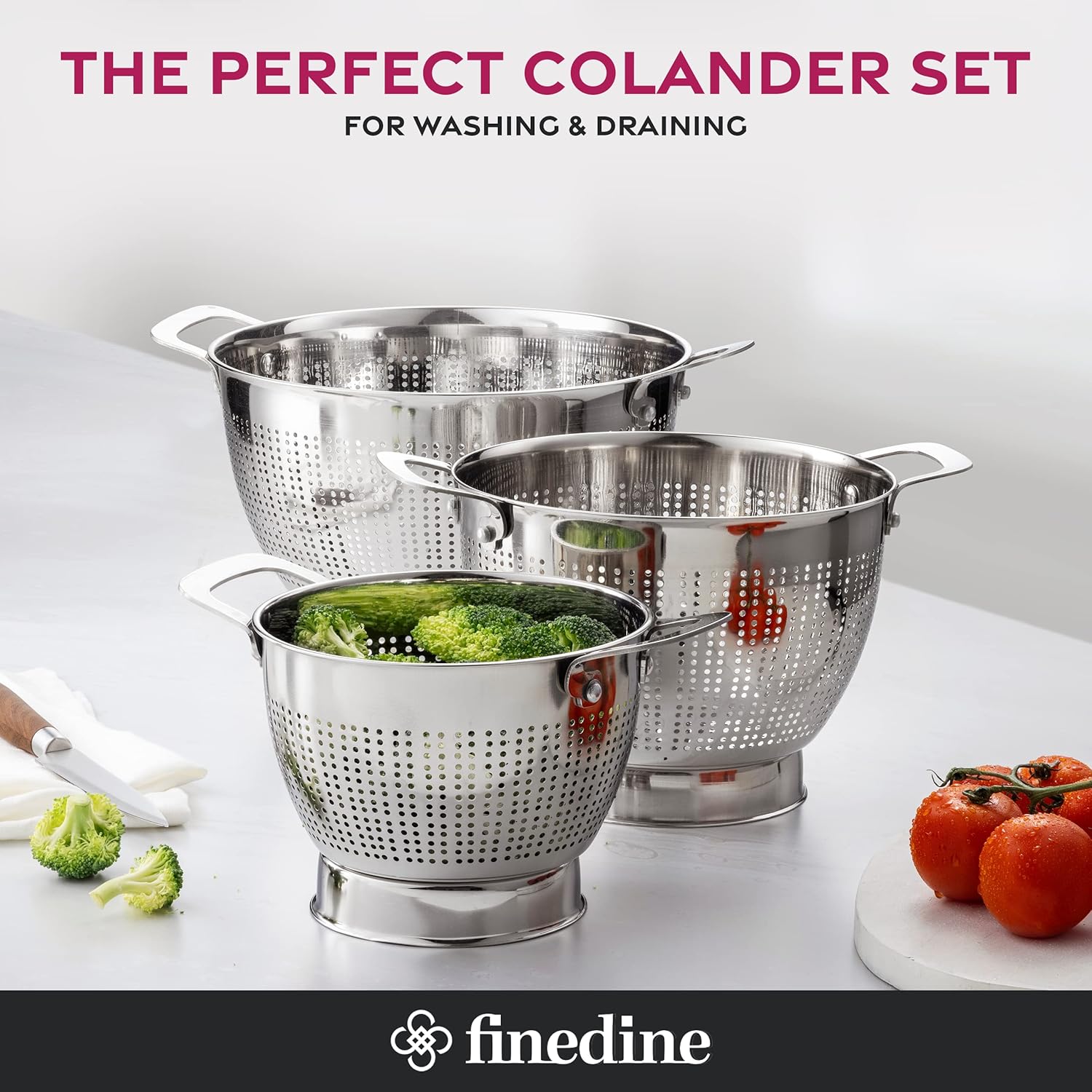 YH-Goods Stainless Steel Colander Set - 3-Piece Stackable Strainers for Pasta, Rice & Fruit | 5QT, 3QT, 1.5QT