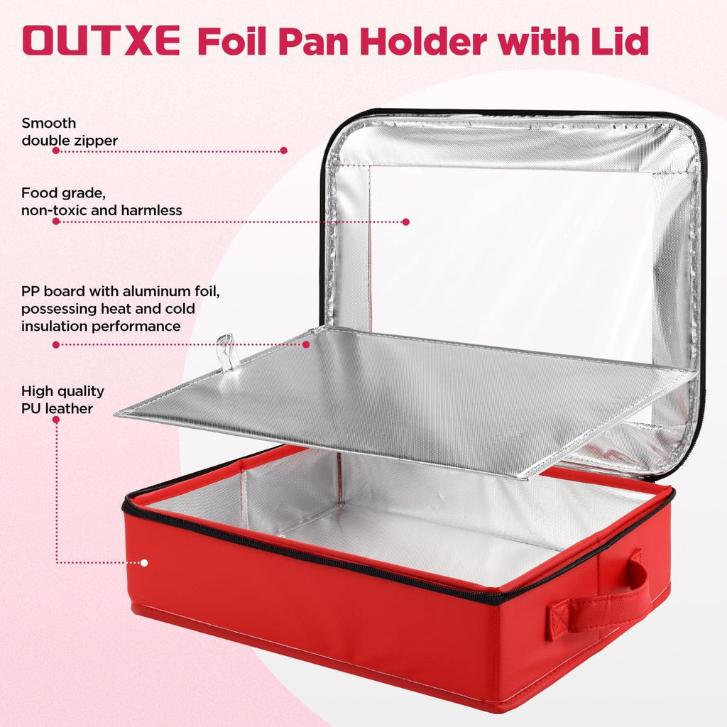 OUTXE 9x13 in Foil Pan Carrier - PU Leather Holder with Handle for Travel & Parties | Red