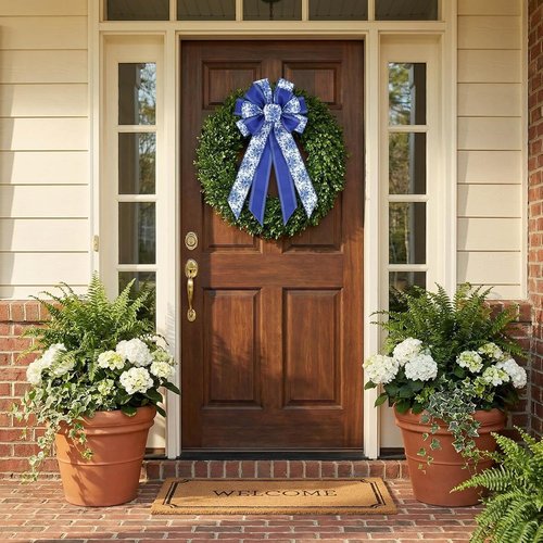 Chinoiserie Blue Wreath Bow - 21 Inch Large Floral Wired Ribbon for Spring Door Decor