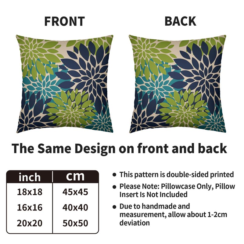 Smozenith Navy Blue Green Teal Pillow Covers 18X18 Inch Set of 2, Modern Geometry Dahlia Floral Print Decorative Throw Pillow Covers Outdoor Farmhouse Cushion Case for Home Couch Sofa Bed Decoration