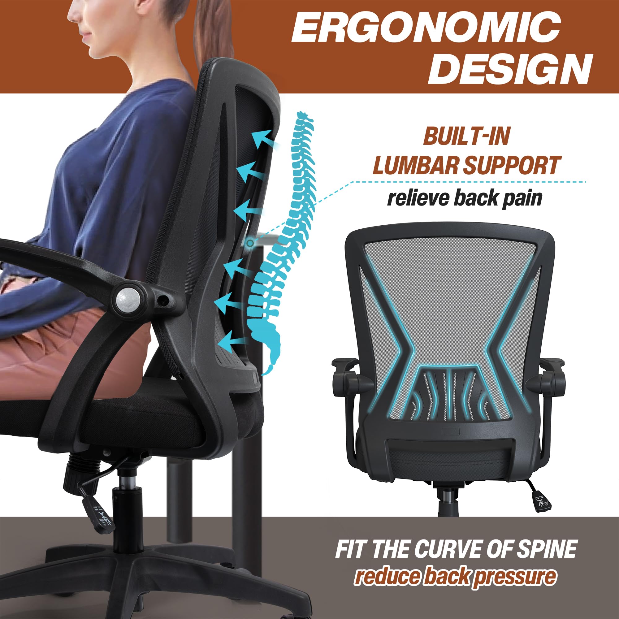 Ergonomic Swivel Rolling Office Computer Desk Chair with Adjustable Height Flip Up Armrest and Lumbar Support for Home Adult