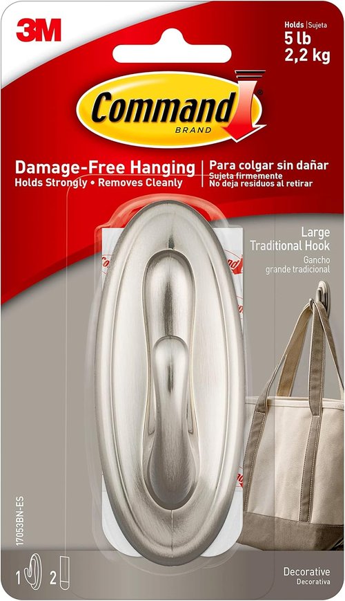 3M Command Large Plastic Hook - Brushed Nickel Finish for Easy Hanging Solutions