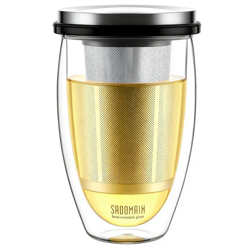 SADOMAIN Glass Tea Cup with Infuser and Lid, Tea Infuser Mug in 12 OZ/350ML, Heat-Proof Double Wall Glass Tea Cup, 100% Plastic-Free Tea Mug with Lid and Strainer, Keeps Drinks Hot/Cold Longer Time