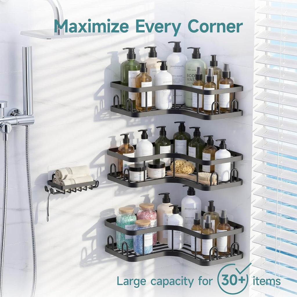 Veken Corner Adhesive Shower Caddy - Rustproof & Waterproof 4-Pack for Small Spaces | Black