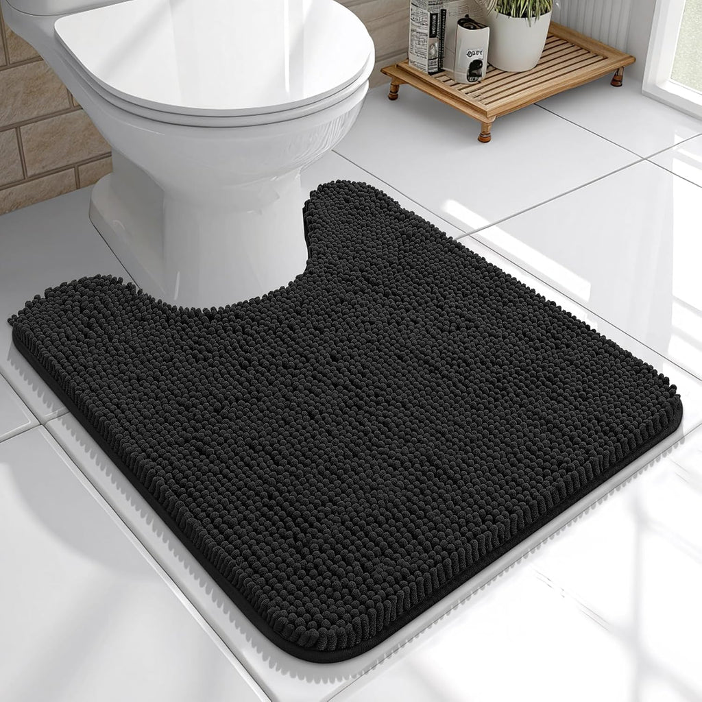 OLANLY U-Shaped Toilet Rug - Extra Soft, Absorbent Chenille Bath Mat | 20x20, Quick-Dry, Non-Slip, Black