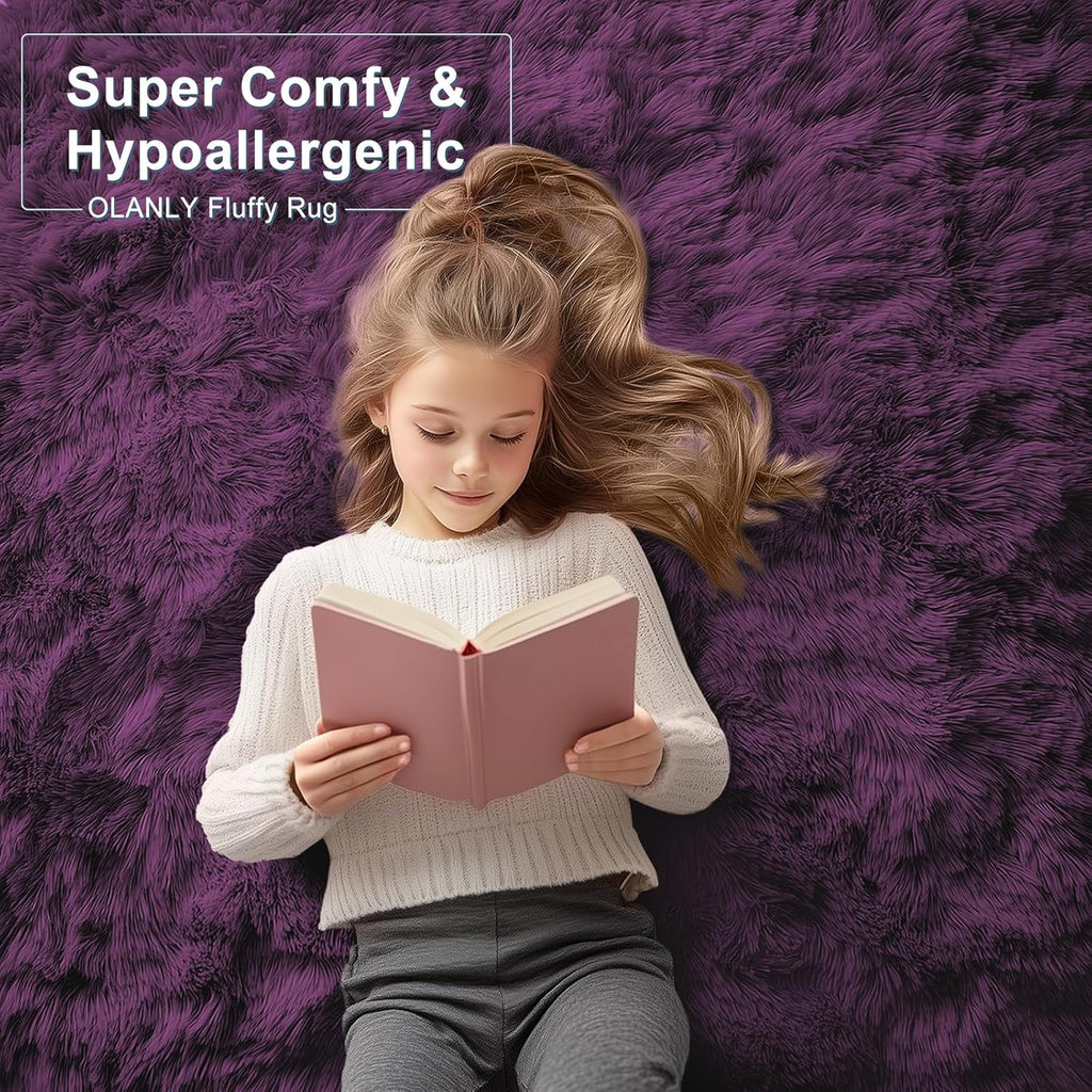 OLANLY Soft Fluffy 3x5 Machine Washable Bedside Rug - Dark Purple Shaggy Carpet for Kids & Nursery