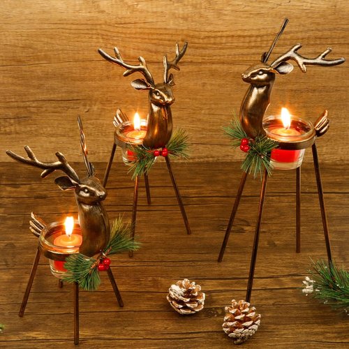 Juegoal Reindeer Tealight Candle Holders - Set of 3 Durable Iron Metal Christmas Decorations | Glass Votive Holders