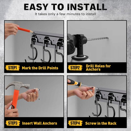 ELEAD 68'' All Metal Garden Tool Organizer - Adjustable Wall Mount with Black Hooks for Garage Storage