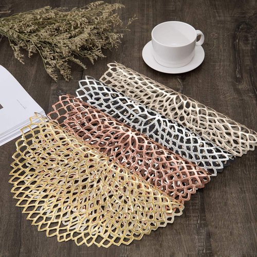 BRKURLEG 10 Pack Pressed Vinyl Metallic Hollow Placemats/Charger/Wedding Accent Centerpiece Round Placemats, Pressed Vinyl Placemat for Dining Table