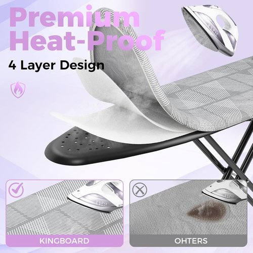 KINGBOARD Compact Ironing Board - Heat Resistant Cover, 7 Height Adjustable, Foldable | 13x43 Grey