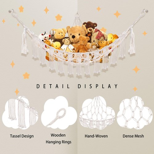 CERETIA Stuffed Animal Hammock with LED Light, Large Stuffed Animals Storage Corner Plushie Net for Kids Room Decor, Jumbo White