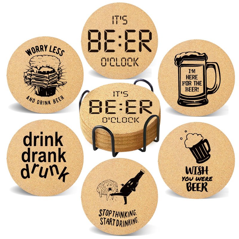 Cegkuc Coasters for Drinks with Holder Set of 6, Absorbent Cork Wood Coaster for Cup Desk Office Table Kitchen Decor House Warming Gifts for New Home Couples, Round 4"