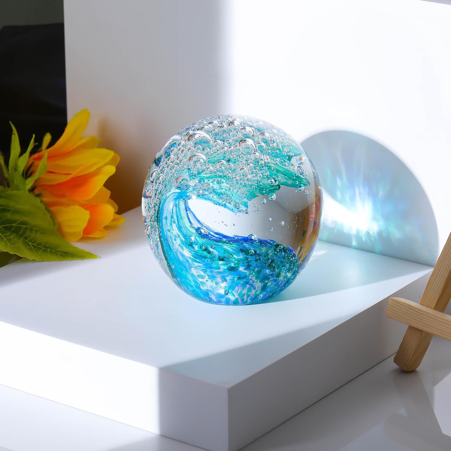 Qianwei Ocean Waves Crystal Ball | Hand Blown Glass Collectible Figurine - Stunning Decor for Ocean Lovers