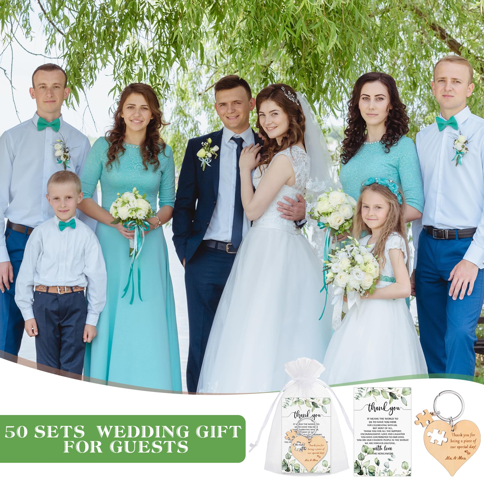 Ecation Wedding Favors for Guests Wood Heart Puzzle Keychains Thank You Cards Gift Bag Bridal Shower Souvenir Gifts(150 Set)
