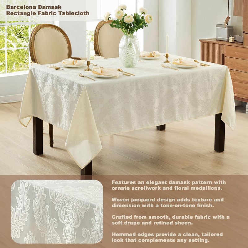 Newbridge Barcelona Luxury Damask Fabric Tablecloth, 70” Extra Wide x 144” Rectangle, Antique White, 100% Polyester, No Iron, Soil Resistant Dining Room, Party and Banquet Table Cover