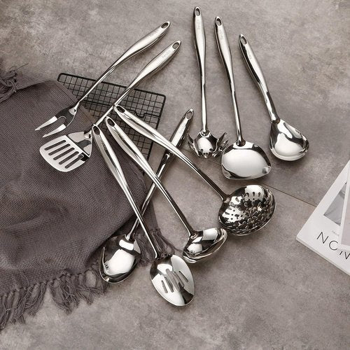 304 Stainless Steel Kitchen Utensil Set - 9-Piece Cooking Tools with Solid & Slotted Spoons, Fork, Spatula & More
