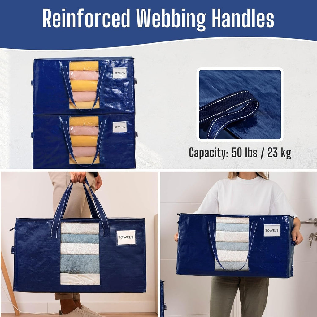 VENO Heavy Duty Moving Bags - Clear Window Storage for Clothes & Comforters | Foldable & Durable (Blue, 2 Pack)
